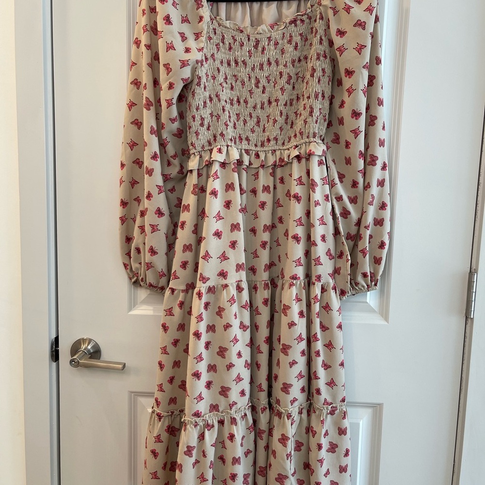 Hayden Los Angeles-smocked butterfly print maxi dress- beige pink long sleeve
